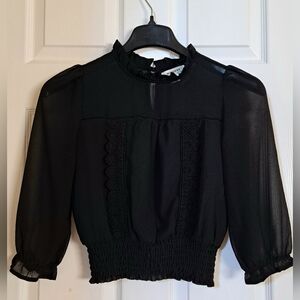 Monteau Black Ruffle Mock Neck Sheer Sleeve Blouse